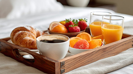 A beautifully arranged breakfast tray featuring coffee, fresh juices, croissants, and assorted fruits placed on a cozy bed, creating a warm and inviting atmosphere perfect for a leisurely morning.の素材
