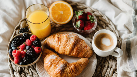 Enjoy a cozy and inviting breakfast scene featuring warm croissants, a variety of fresh berries, refreshing orange juice, and rich coffee.の素材