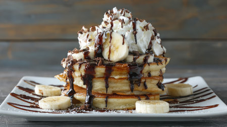 A mouthwatering stack of fluffy pancakes adorned with rich chocolate syrup, fresh sliced bananas, and airy whipped cream, perfect for breakfast or dessert.の素材