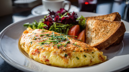 A beautifully arranged breakfast featuring a fluffy omelet with fresh greens, ripe tomatoes, and crispy toast, accompanied by a warm cup of coffee.の素材
