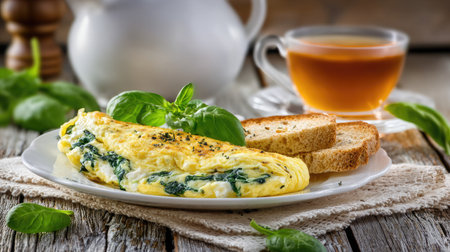 A beautifully arranged spinach omelette alongside crispy toast and a cup of herbal tea, perfect for a cozy breakfast or brunch setting.の素材