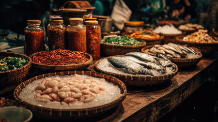 A vibrant market scene showcases a colorful array of fresh seafood and spices. Baskets filled with fish and ingredients highlight local culinary traditions, inviting exploration.の素材