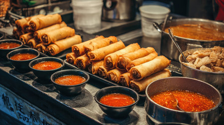 Explore the vibrant scene of a bustling street food stall featuring crispy spring rolls paired with a selection of sweet dipping sauces.の素材