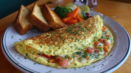 A mouthwatering omelette featuring a blend of fresh vegetables served alongside crispy toast. Ideal for breakfast lovers seeking a wholesome meal.の素材