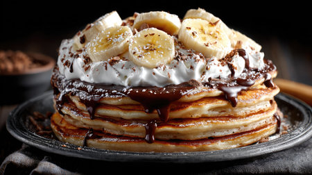A mouthwatering stack of fluffy pancakes is beautifully arranged on a dark plate, featuring whipped cream, banana slices, and a chocolate drizzle.の素材