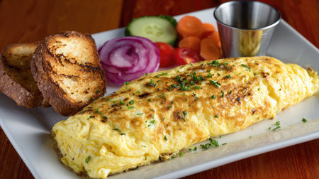A beautifully presented fluffy omelette served with fresh cucumber, tomato, onion, and carrot alongside toasted bread, perfect for breakfast or brunch.の素材