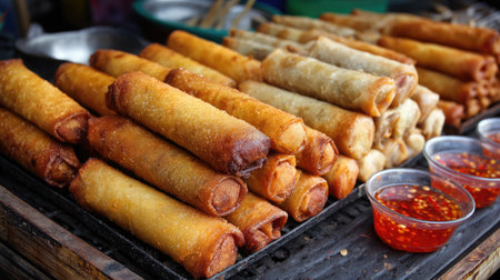 A vibrant display of golden fried spring rolls arranged in an enticing manner, complete with spicy dipping sauce, perfect for any food lover.の素材