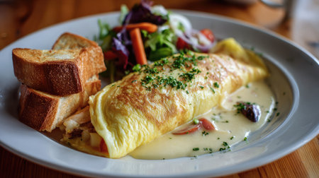 A beautifully plated gourmet omelette featuring fresh vegetables, served with crisp toast and a creamy sauce, perfect for breakfast or brunch.の素材