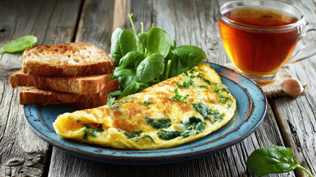 A beautifully arranged breakfast featuring a fluffy spinach and herb omelette served alongside toast and a cup of tea, set on a rustic wooden table.の素材