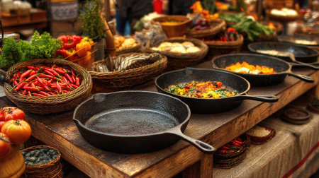 A bustling market stall features an array of fresh ingredients beside classic cast iron cookware. Vibrant colors and textures create an inviting culinary atmosphere.の素材