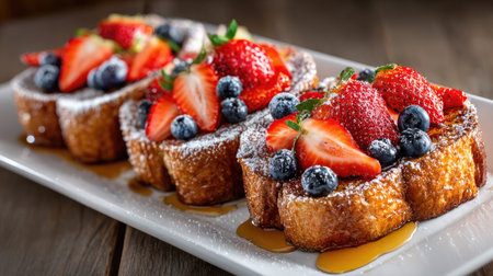 This image features a delectable plate of French toast topped with fresh strawberries and blueberries, drizzled with maple syrup, perfect for breakfast or brunch.の素材