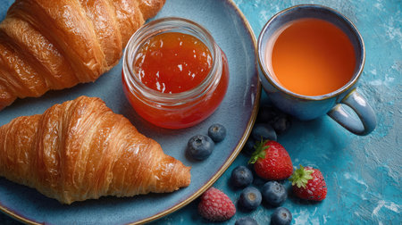 Indulge in a delightful morning spread featuring fresh croissants, sweet jam, vibrant berries, and a refreshing orange drink on a colorful plate.の素材