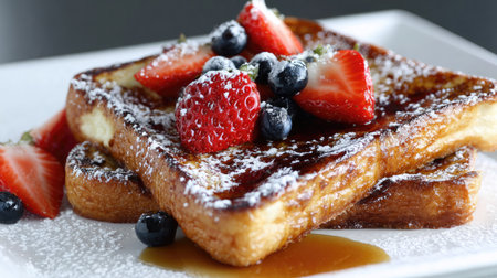 A beautifully arranged gourmet French toast stack features fresh strawberries and blueberries, accompanied by a drizzle of syrup and powdered sugar.の素材