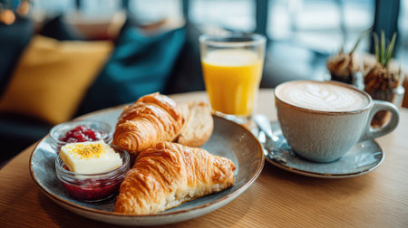 A delightful breakfast scene featuring fresh croissants, sweet jam, creamy dessert, refreshing juice, and rich coffee, perfect for a cozy cafe experience.の素材