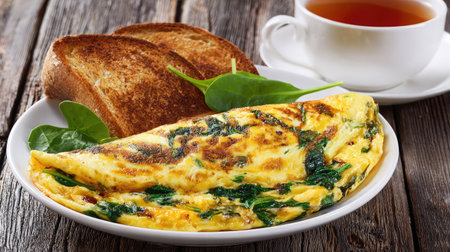 Indulge in a delightful spinach omelet served with crispy toast and a warm beverage, perfect for a healthy start to your day. Enjoy this comforting meal.の素材