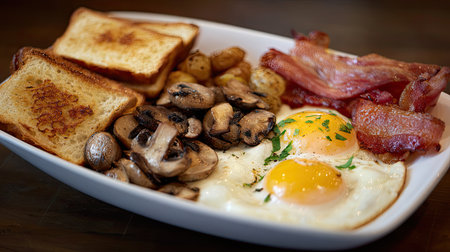A visually appealing breakfast platter featuring sunny-side-up eggs, crispy bacon, sautの素材