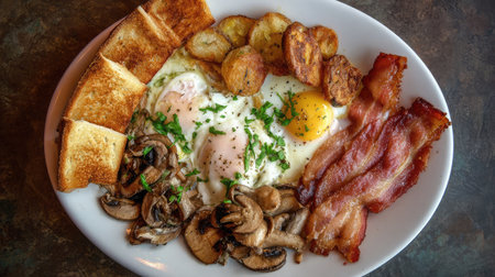 A delectable breakfast platter showcasing crispy bacon, poached eggs, golden toast, and sautの素材