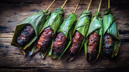 A stunning display of grilled skewers wrapped in banana leaves, offering a smoky flavor and rich texture. Perfect for showcasing culinary traditions and outdoor gatherings.の素材
