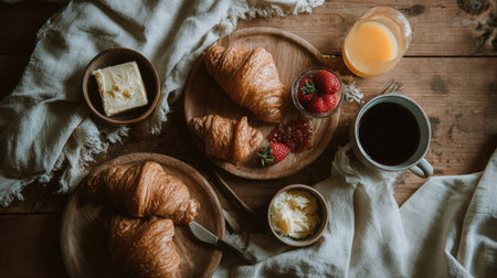 A beautifully arranged breakfast featuring freshly baked croissants, vibrant strawberries, and butter, accompanied by coffee and orange juice on a rustic wooden table.の素材