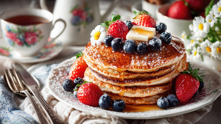 A delectable stack of fluffy pancakes adorned with fresh strawberries, blueberries, and a drizzle of maple syrup. The setting features a charming floral tea set, creating a warm and inviting breakfast atmosphere.の素材