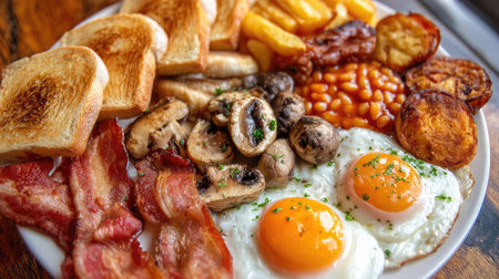 A vibrant arrangement of a hearty breakfast featuring sunny-side-up eggs, crispy bacon, toasted bread, hash browns, mushrooms, and baked beans on a rustic plate.の素材