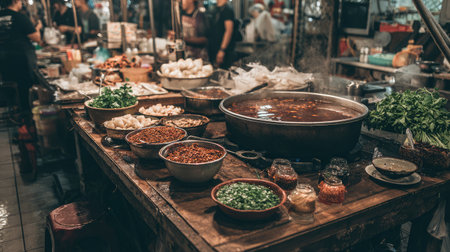 Experience the lively atmosphere of an Asian night market, filled with fresh herbs, vibrant spices, and delicious street food delights.の素材