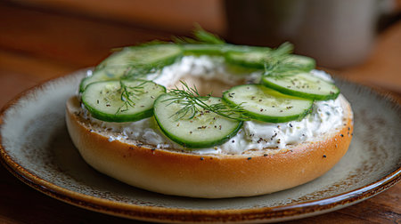 A delicious bagel topped with smooth cream cheese, fresh cucumber slices, and aromatic dill, presented on a rustic plate. Perfect for breakfast or brunch.の素材