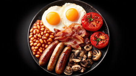 A vibrant breakfast plate features sunny-side-up eggs, crispy bacon, juicy sausages, baked tomatoes, mushrooms, and baked beans, ideal for morning energy.の素材