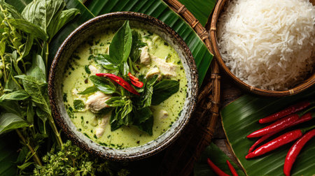 This vibrant image showcases a bowl of creamy green curry, featuring tender chicken and fresh basil, served alongside aromatic steamed rice and red chilies, creating a delightful culinary experience.の素材