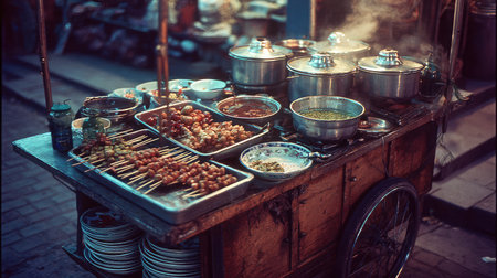 This vibrant street food cart showcases a rich variety of dishes and skewers, evoking the lively atmosphere of an urban market at night.の素材