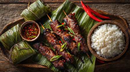 A tantalizing plate of grilled skewers served with fragrant rice and spicy chili sauce, elegantly presented on fresh bamboo leaves, ideal for any culinary occasion.の素材