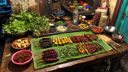 Discover a vibrant street food scene featuring an array of skewers made from fresh ingredients, herbs, and colorful condiments in a bustling market.の素材