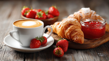 A visually appealing arrangement of a cup of espresso with creamy foam, fresh strawberries, flaky croissants, and a jar of red jam on a wooden table.の素材