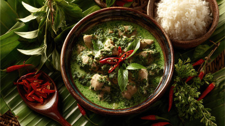 Indulge in a bowl of rich green curry paired with fluffy rice, garnished with fresh herbs and vibrant spices, perfect for a flavorful meal.の素材