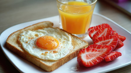 A vibrant breakfast scene featuring a plate with a sunny-side-up fried egg on toast, accompanied by sweet strawberries and a refreshing glass of orange juice, perfect for a nutritious start to the day.の素材