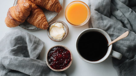 A delightful breakfast arrangement featuring fresh croissants, a steaming cup of coffee, refreshing orange juice, creamy butter, and rich jam, perfect for a cozy morning.の素材