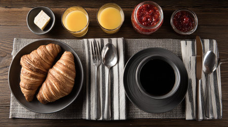 A beautifully arranged breakfast scene featuring two golden croissants, a cup of coffee, and fresh juices alongside assorted jams. Perfect for morning vibes.の素材