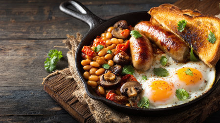 This vibrant breakfast scene features a cast iron skillet filled with eggs, sausages, mushrooms, tomatoes, and toast, perfect for a hearty morning meal.の素材