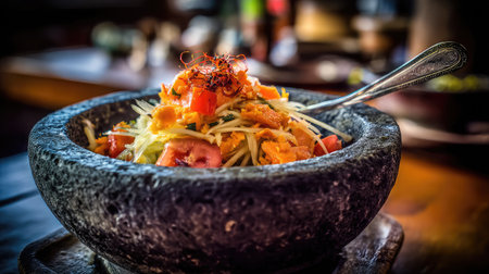 A beautifully arranged traditional Asian salad featuring fresh vegetables and vibrant colors, served in a rustic stone bowl, perfect for healthy dining.の素材