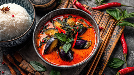 A stunning bowl of Thai red curry featuring eggplant and fresh basil, surrounded by vibrant red chilies, served with fluffy steamed rice. Perfect for food lovers!の素材
