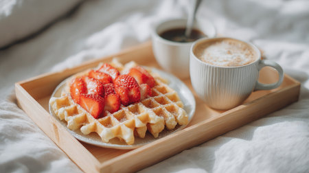 Enjoy a warm and inviting breakfast scene featuring crispy waffles topped with fresh strawberries and accompanied by a cup of coffee. Perfect for morning indulgence.の素材