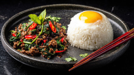 A beautifully plated dish featuring stir-fried beef with vibrant greens and red chilies, paired with fluffy rice and a perfectly cooked egg.の素材