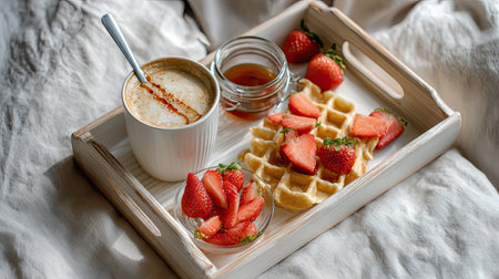 Enjoy a cozy breakfast tray featuring fluffy waffles topped with fresh strawberries, a warm beverage, and maple syrup, perfect for a relaxing morning.の素材