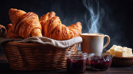 A delicious scene featuring freshly baked croissants in a woven basket, accompanied by steaming coffee, butter, and colorful jams, perfect for breakfast.の素材