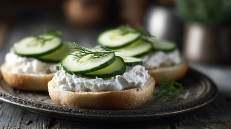 Delightful open-faced sandwiches featuring creamy cheese, fresh cucumber slices, and dill on a rustic plate, perfect for any meal or snack.の素材