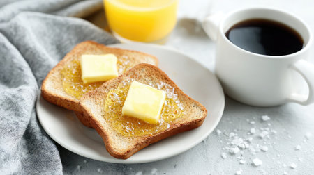 Enjoy a delightful breakfast scene featuring toasted bread topped with butter and sugar, accompanied by a cup of coffee and a glass of fresh juice.の素材