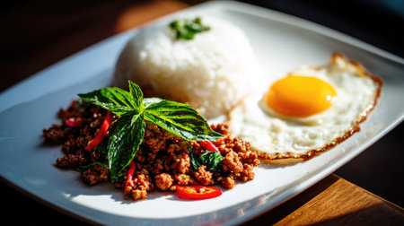 A vibrant and appetizing plate featuring Thai basil stir-fry with ground meat, aromatic herbs, fluffy rice, and a sunny-side-up egg, ideal for food lovers.の素材