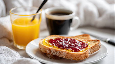 A delightful breakfast arrangement featuring toast topped with jam, a cup of coffee, and a glass of fresh orange juice, ideal for a cozy morning.の素材
