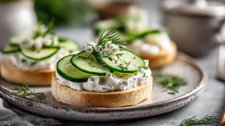 This image features a beautifully arranged plate of cucumber topped cream cheese canapの素材
