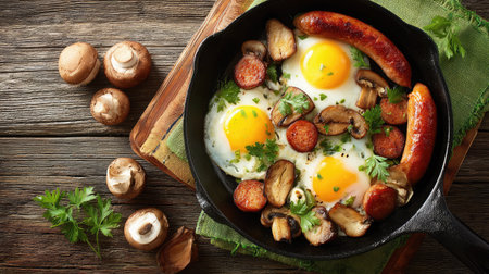 A vibrant breakfast skillet featuring perfectly cooked eggs, savory sausages, and assorted mushrooms garnished with fresh herbs on a rustic wooden table.の素材
